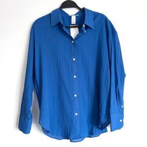 NWT Lightweight 100% Cotton Blue Crepe Crinkle Button Down Shirt Size Medium